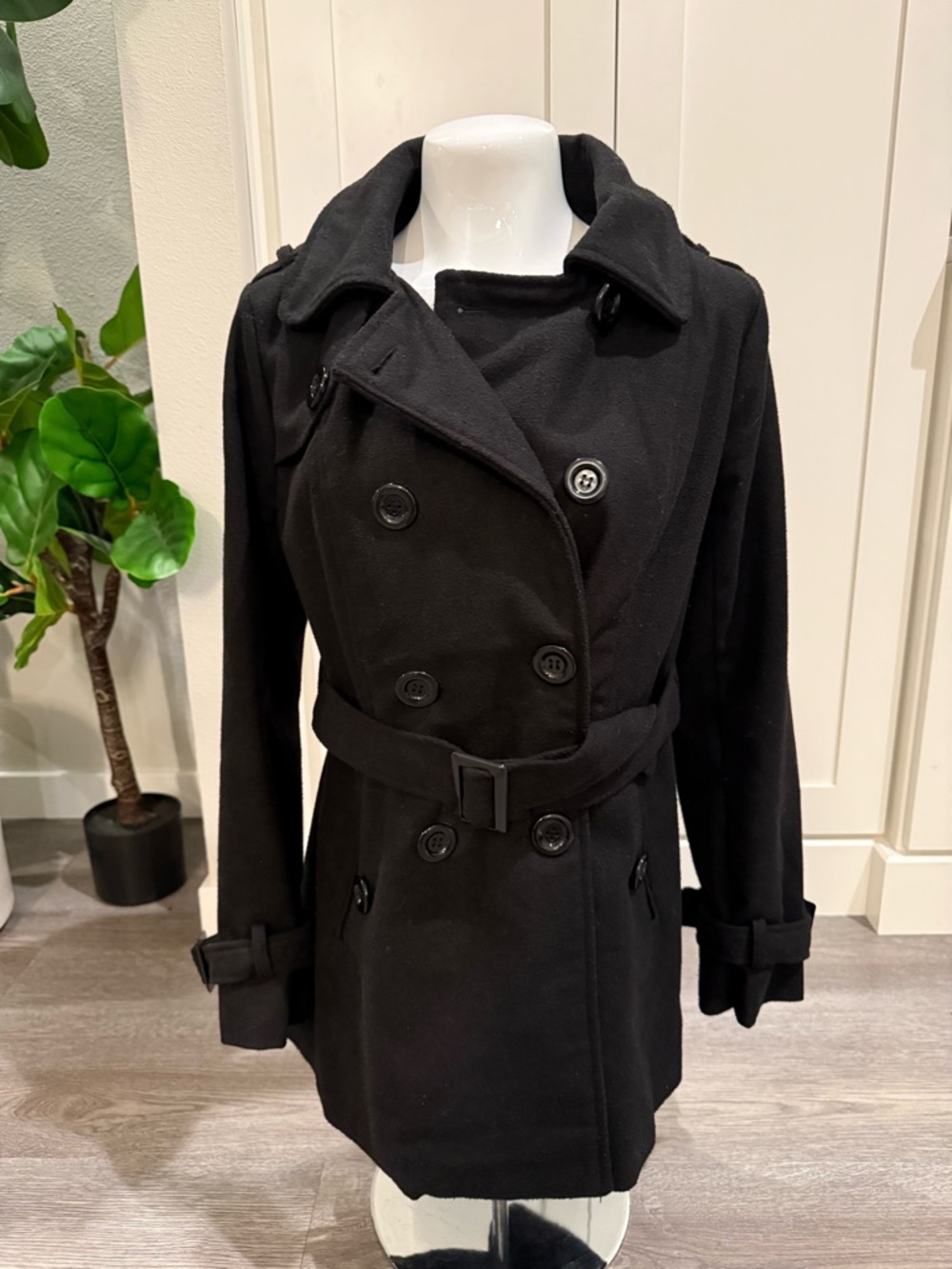 Ambiance Black Double-Breasted Belted Peacoat
